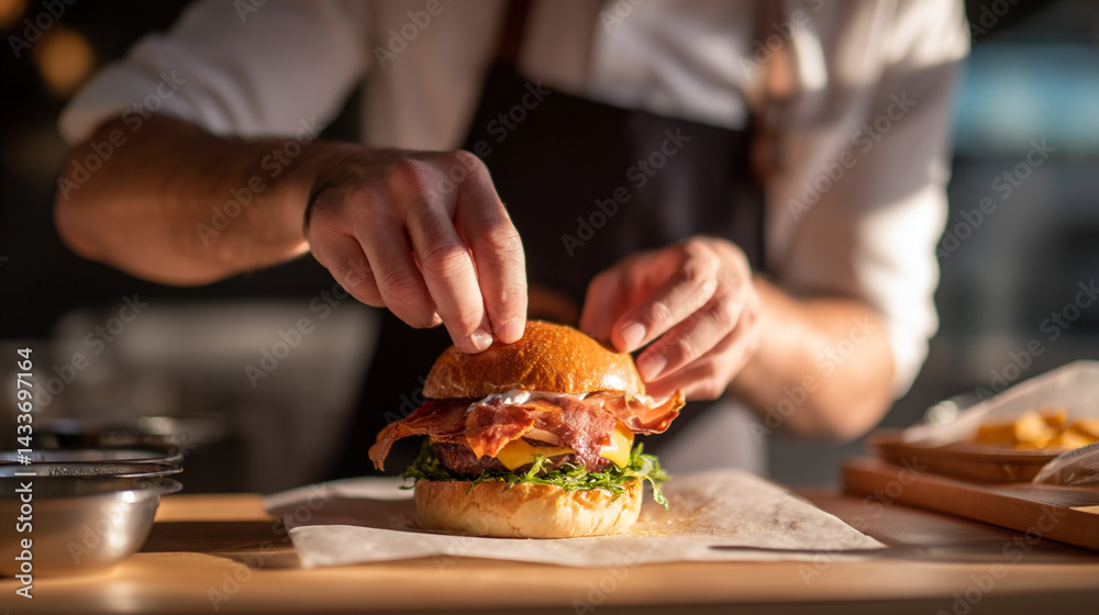 Delicious gourmet burger preparation close up shot professional chef hands carefully assembling tasty Delicious gourmet burger preparation close up shot professional chef hands carefully assembling tasty