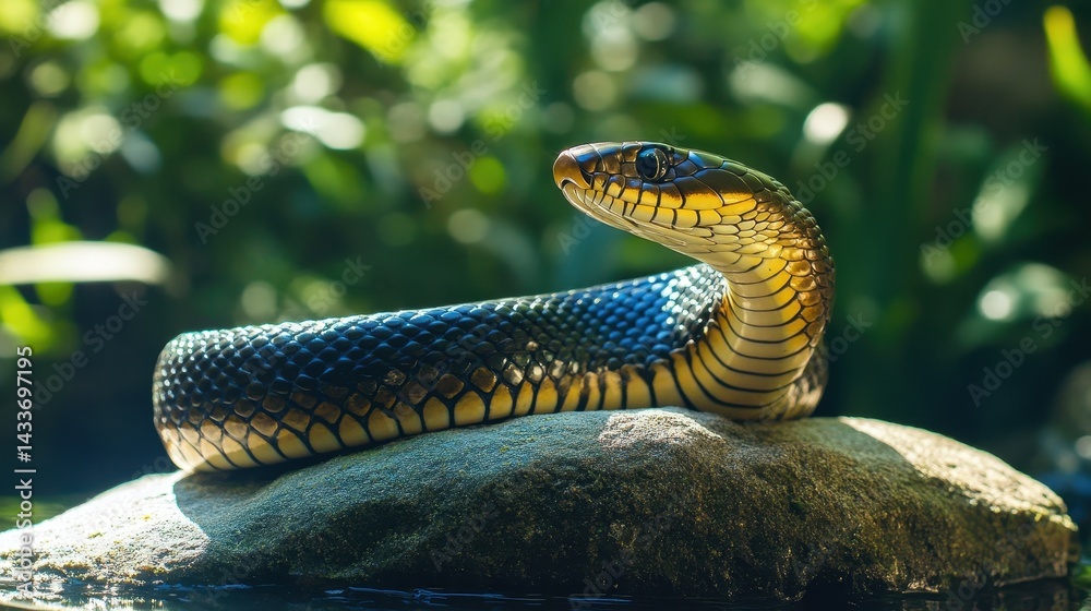 Elegant Snake Coiled on Rock Among Greenery in Natural Habitat