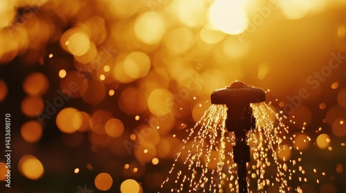 Obraz na płótnie Glowing Water Sprinkler with Bokeh Effect in Soft Sunset Light w salonie