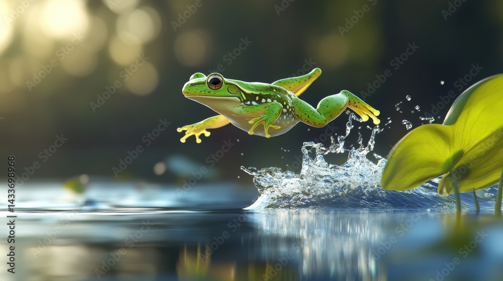 Jumping Green Frog in Action Above Water Surface in Nature Scene