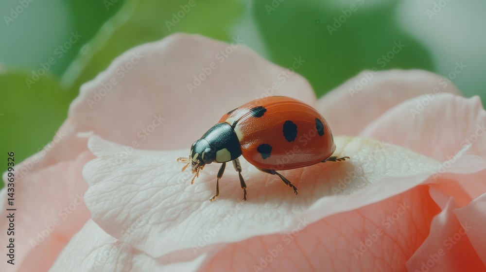 Ladybug Resting on Soft Pink Petal of a Garden Blooming Flower