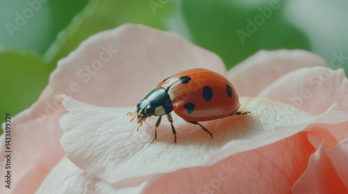 Obraz na płótnie Ladybug Resting on Soft Pink Petal of a Garden Blooming Flower w salonie