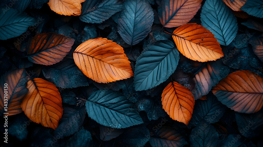 Fallen leaves in shades of orange and blue create a striking contrast on the forest floor Fallen leaves in shades of orange and blue create a striking contrast on the forest floor