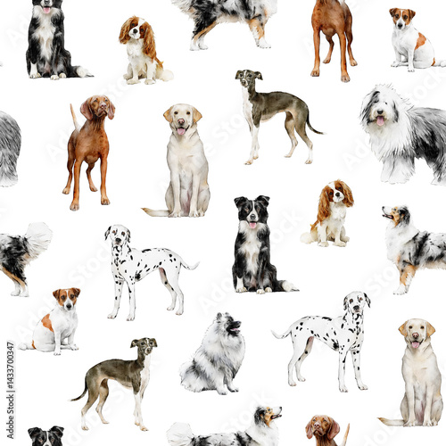 Dog seamless pattern isolated. Hand-drawn watercolor repeated pattern: border collie, Australian Shepherd, labrador, dalmatian, vizsla, italian greyhound pets for fabric, packaging paper design