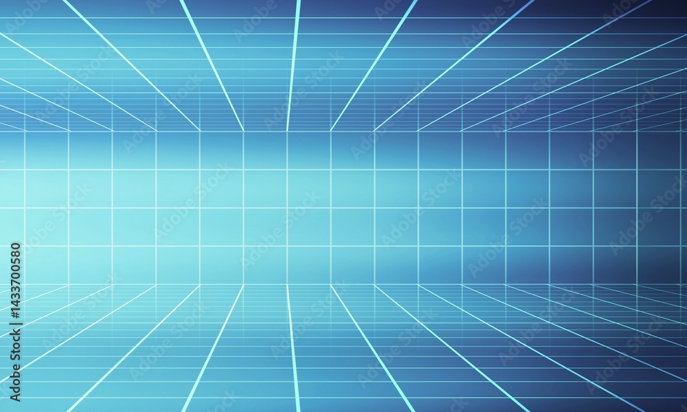 Obraz premium Futuristic digital grid background with blue glowing lines in a 3D perspective, ideal for technology concepts, sci-fi scenes, virtual reality, gaming interfaces, or data visualization projects