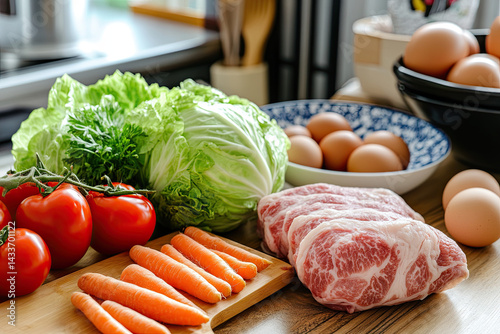 Fresh Raw Ingredients: Meat, Vegetables, and Eggs on Rustic Wood