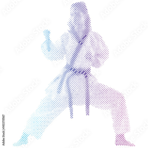 Karate woman in a kimono uniform with gradient halftone