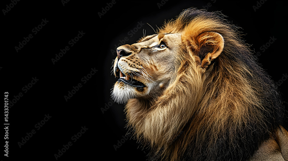 Fototapeta premium Majestic Lion Portrait Against Black Background