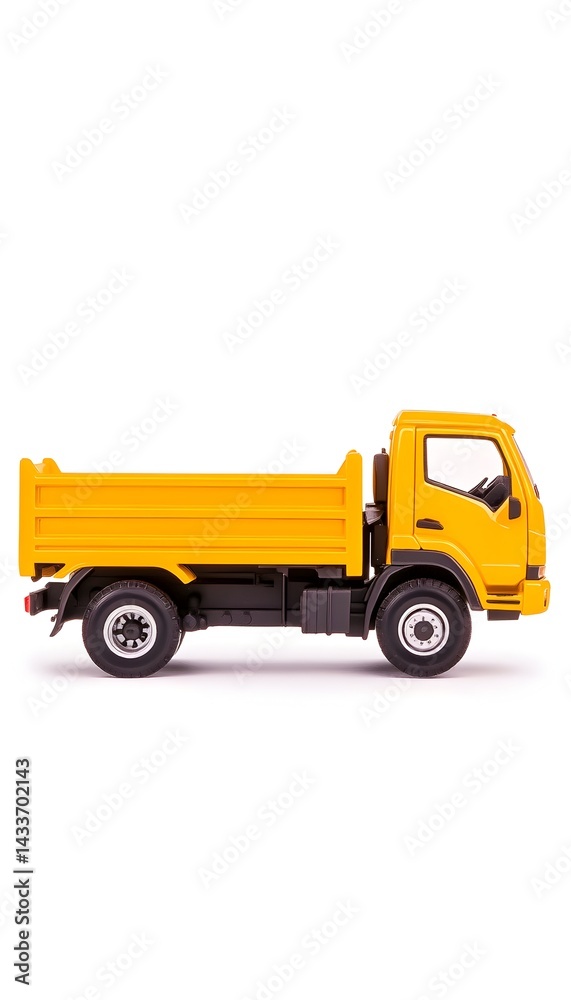 Yellow toy dump truck, side profile view, isolated on white background Yellow toy dump truck, side profile view, isolated on white background