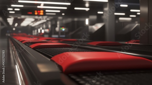 Modern Industrial Conveyor Belt with Red Cushions in Dark Setting