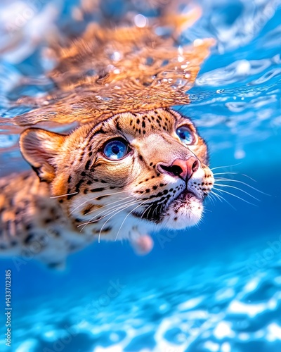 A big-eyed spotted feline swims underwater, its head and shoulders visible above the surface  Clear blue water surrounds it