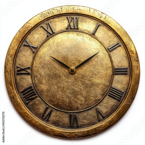 Gold Round Antique Clock with Roman Numerals on White Background