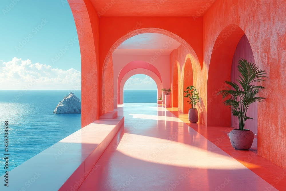 Fototapeta premium Stunning architectural design with vibrant colors and ocean view on a sunny day