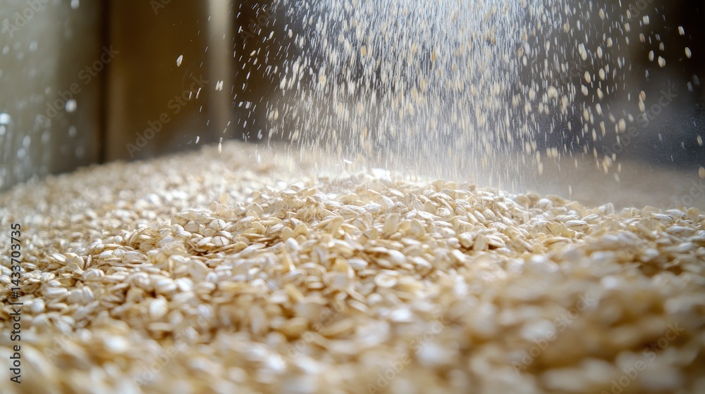 Oats Grain Falling in Slow Motion with Sunlight Glimmering
