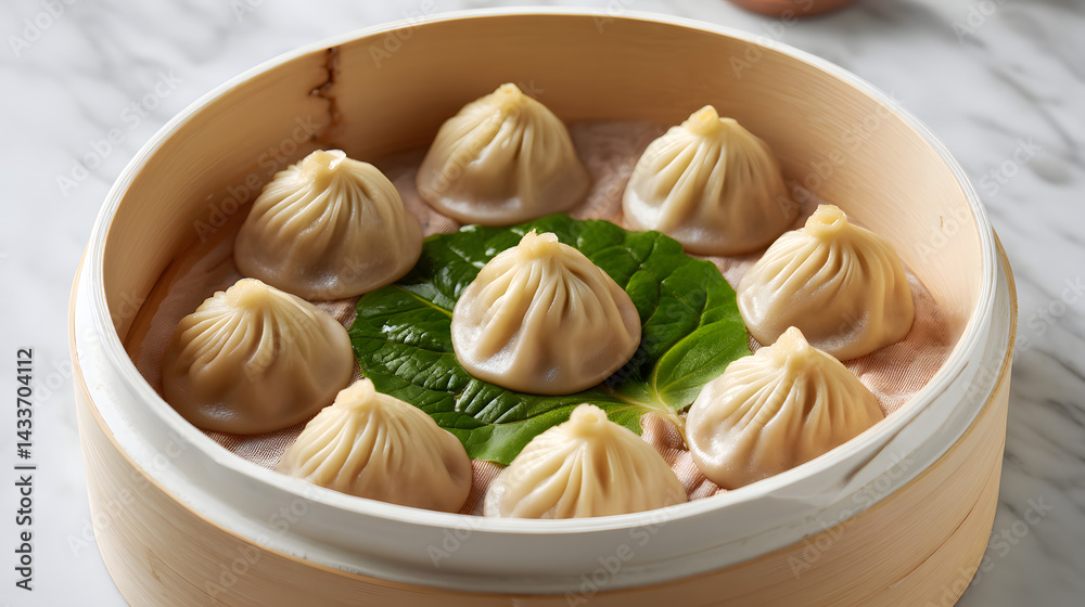 Steamed Dumplings Filled with Minced Pork in Bamboo Steamer with Leafy Garnish in Shanghai Style Steamed Dumplings Filled with Minced Pork in Bamboo Steamer with Leafy Garnish in Shanghai Style