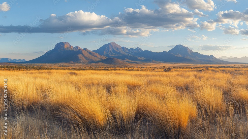 Obraz premium Golden Grassland and Majestic Mountains at Sunset