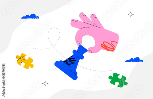 Conceptual illustration with a pink hand holding a blue chess rook, surrounded by colorful puzzle pieces and abstract shapes on a white background. A metaphor for strategy and problem solving.
