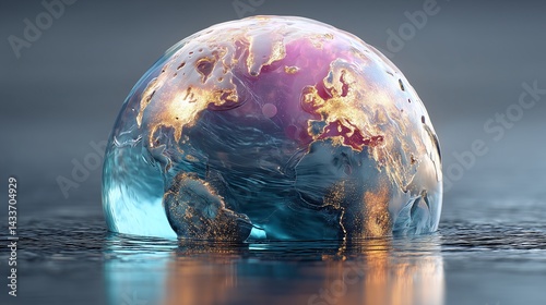 Glass globe of earth partially submerged in water, symbolizing rising sea levels and climate change