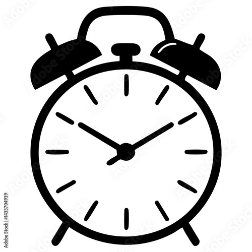 Vector silhouette of a classic alarm clock showing time in black color on a white background