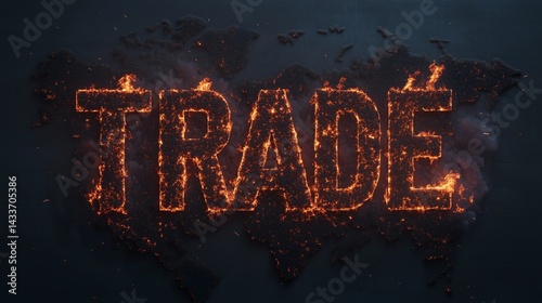 Global trade map highlighting economic tensions with fiery trade word overlay