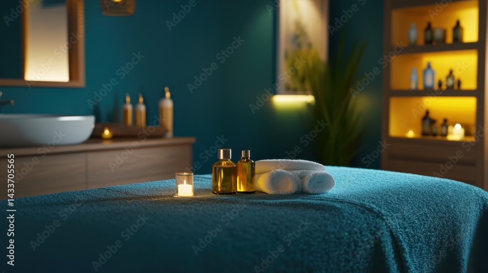 Relaxing Spa Scene with Aromatherapy Oils and Soft Towels