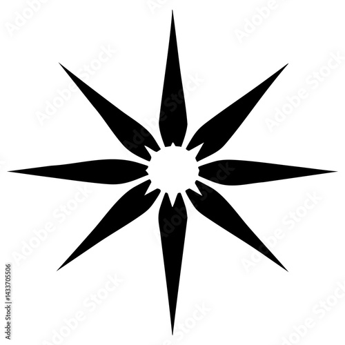 Black vector silhouette of a compass rose with sharp points indicating direction