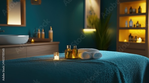 Obraz na płótnie Relaxing Spa Scene with Aromatherapy Oils and Soft Towels w salonie