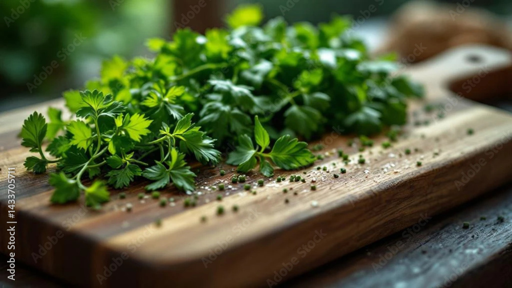 Fresh herbs on the wooden chopping board.