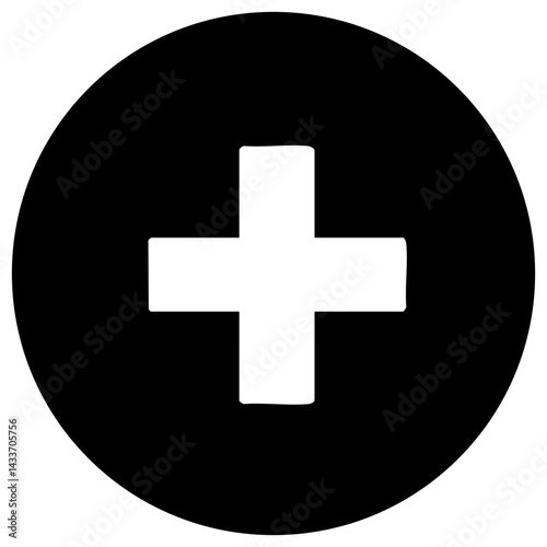 Black vector silhouette of a medical cross in a circle representing healthcare and support