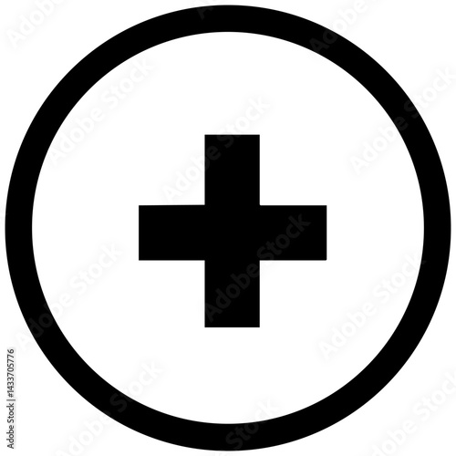 Black vector silhouette of a medical cross symbol within a circle for health-related contexts