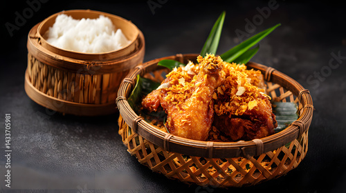 Delicious Thai Fried Chicken Gai Tod with Crispy Coating and Steamed Rice in Elegant Basket Presentation
