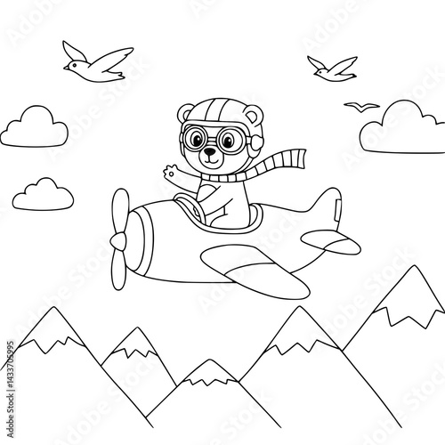 Funny cartoon drawing of a boy with a cat and bear in a winter fairytale scene for kids coloring book