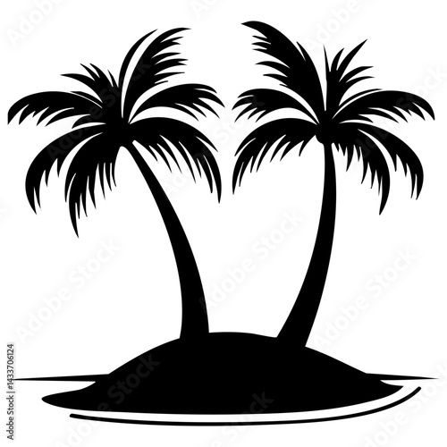 Silhouette of two palm trees on a tropical island at sunset