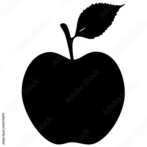 Black vector silhouette of an apple with stem and leaf on a plain background