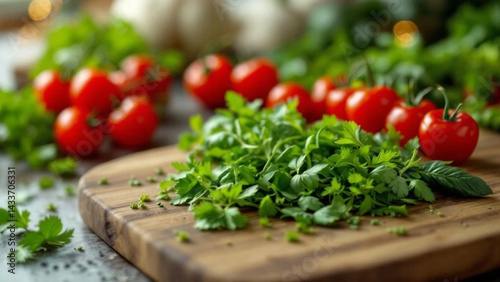 Obraz na płótnie Fresh herbs on the wooden chopping board. w salonie