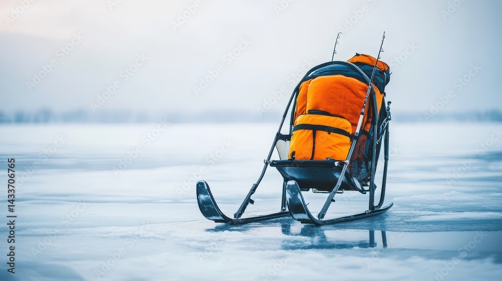 Sleigh on Icy Surface with Orange Backpack in Winter Landscape