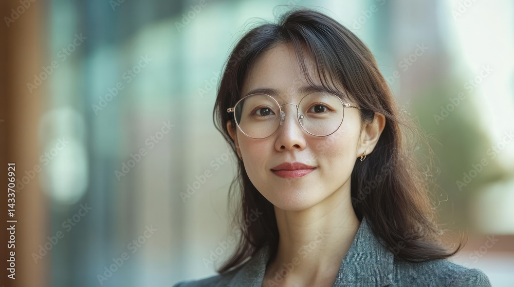 Fototapeta premium Asian professional, donning glasses, smiles confidently, conveying competence, success, and unwavering motivation.
