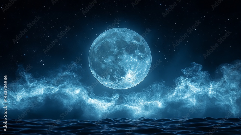 Mystical Night Sky with a Glowing Moon and Starry Cloudscape Mystical Night Sky with a Glowing Moon and Starry Cloudscape