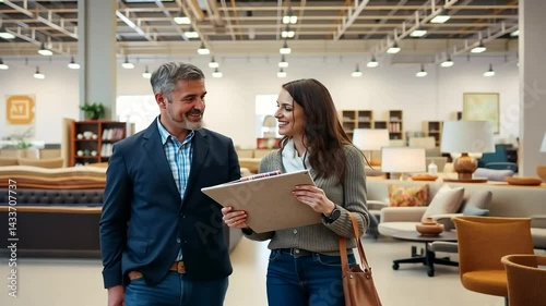 Happy couple planning home decor together at furniture store showroom space