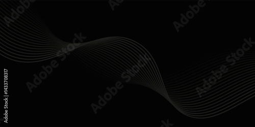 Black abstract background design. Modern wavy line pattern (guilloche curves) in monochrome colors. Premium stripe texture for banner, business backdrop. Dark horizontal vector template