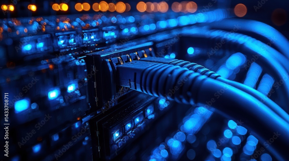 Blue ethernet cables connected to a server rack in a dark room. Blue ethernet cables connected to a server rack in a dark room.