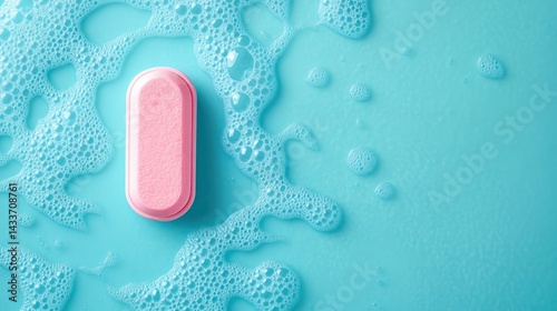 Bath bomb sits amid foam, bubbles adding playful touch against stark blue surface, minimal composition.