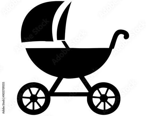 Silhouette of a black baby stroller on wheels with a canopy design