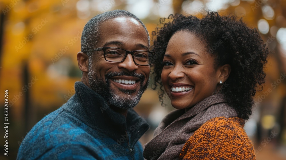 African American couple smiles, enjoying autumn season, sharing happy affectionate moment togetherness during fall. African American couple smiles, enjoying autumn season, sharing happy affectionate moment togetherness during fall.