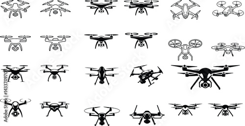 Drone Silhouette Vector | Flying Technology Icon Set Quadcopter Drone Silhouette Collection | Modern Tech Shapes