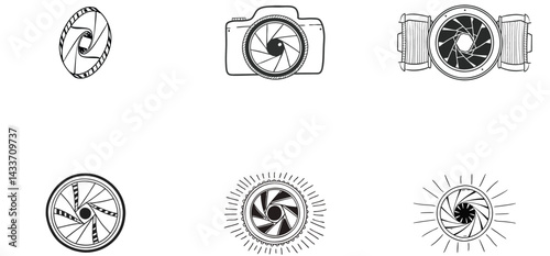 Camera shutter unique hand drawn line art silhouette vector set design