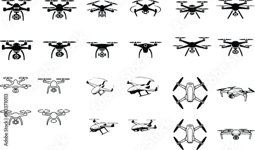 Drone Silhouette Vector | Flying Technology Icon Set Quadcopter Drone Silhouette Collection | Modern Tech Shapes