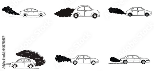 Car polluting air unique hand drawn line art silhouette vector set design