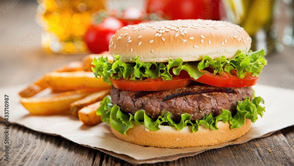 A hamburger with lettuce, tomato, and cheese on a bun, sitting on top of a paper wrapper next to french fries. A hamburger with lettuce, tomato, and cheese on a bun, sitting on top of a paper wrapper next to french fries.