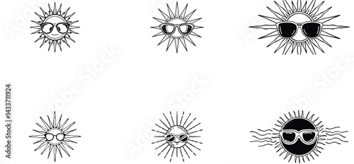 Sun with eyeglass unique hand drawn line art silhouette vector set design